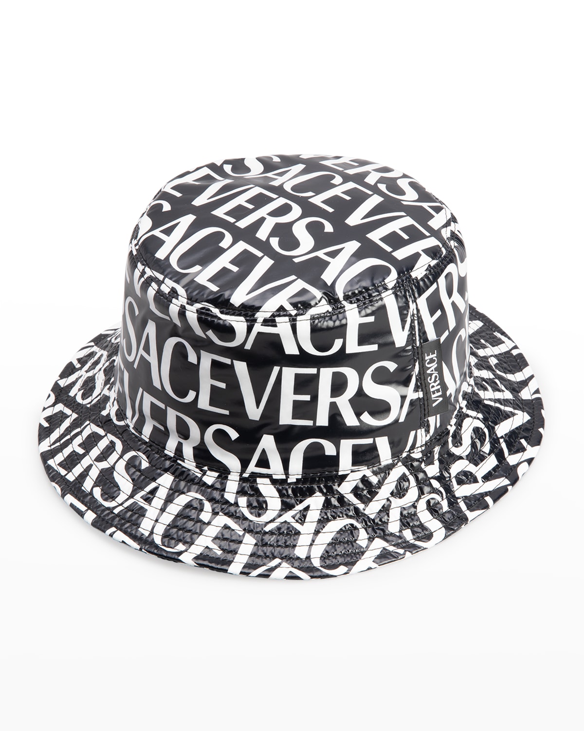 Versace Logo Puffy Nylon Bucket Hat In Black White