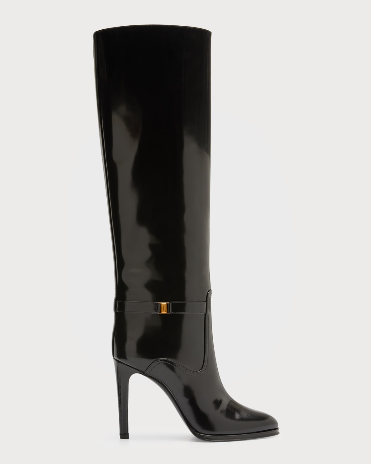 Saint Laurent Linda Patent Buckle Knee Boots In Black