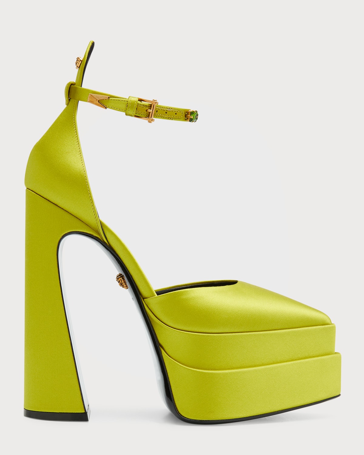 Versace 160mm La Medusa Platform Point Toe Mary Jane Satin In Avocado Green