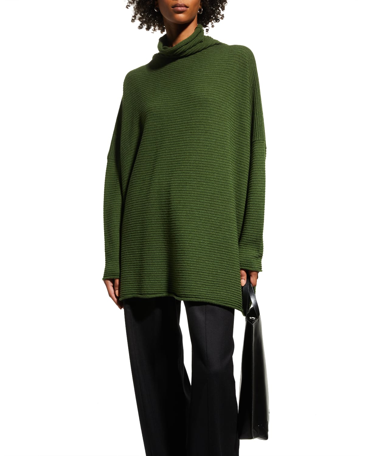 Slim-Sleeve Funnel-Neck Rib Cashmere Sweater (Long Length)