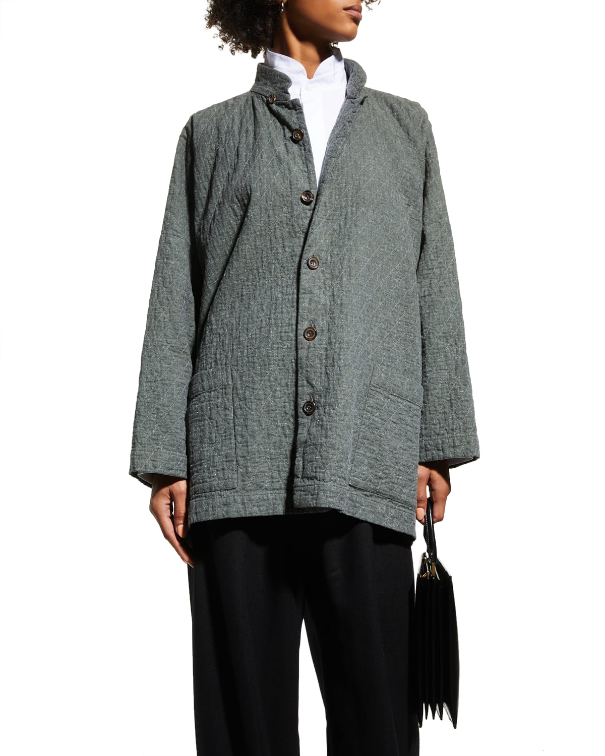 Shop Eskandar Oversize Quilted Mandarin Jacket In Darkolive