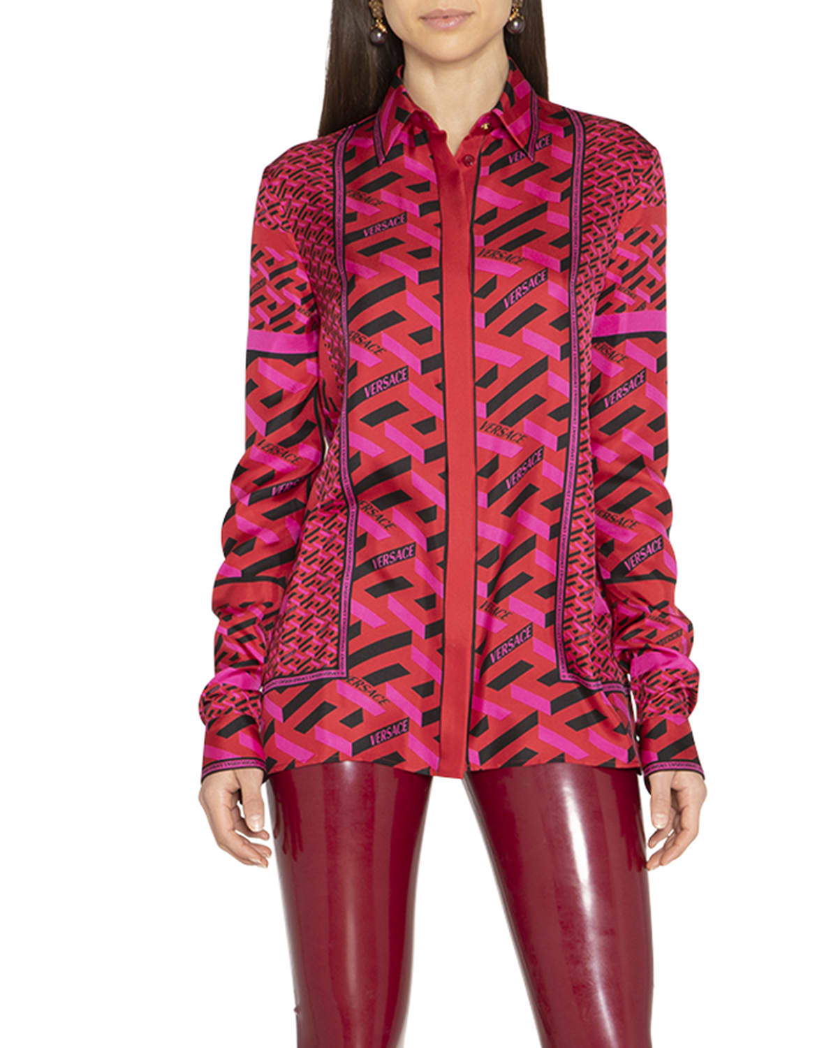Versace La Greca Monogram Silk Button-up Blouse In Parade Redfuxia