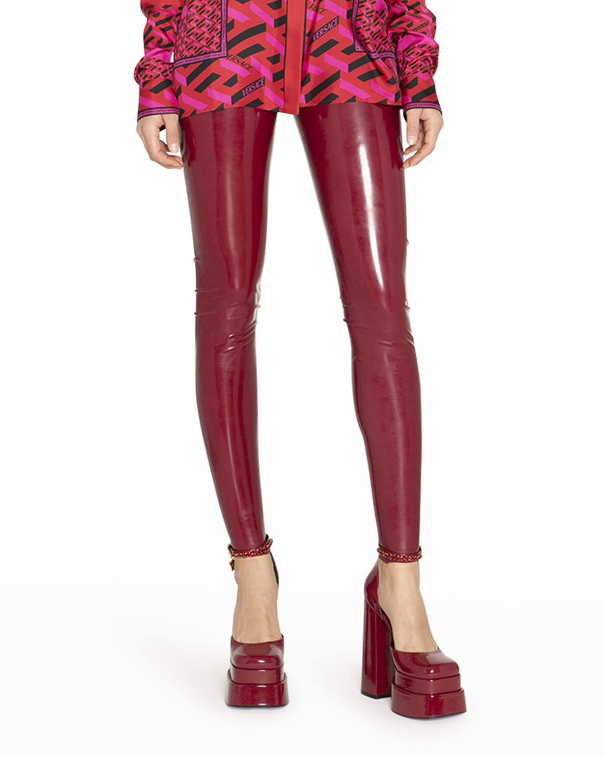 Versace High-rise Latex Leggings In Ruby