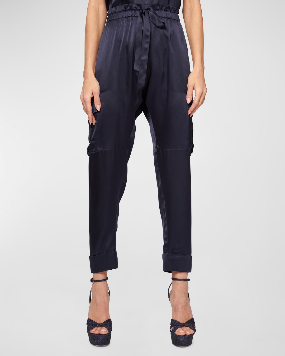 Cami Nyc Carmen Cropped Silk Cargo Pants In Navy