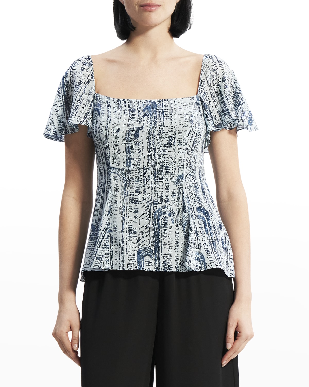 Theory Short-sleeve Godet Printed Silk Top In Teal Multi
