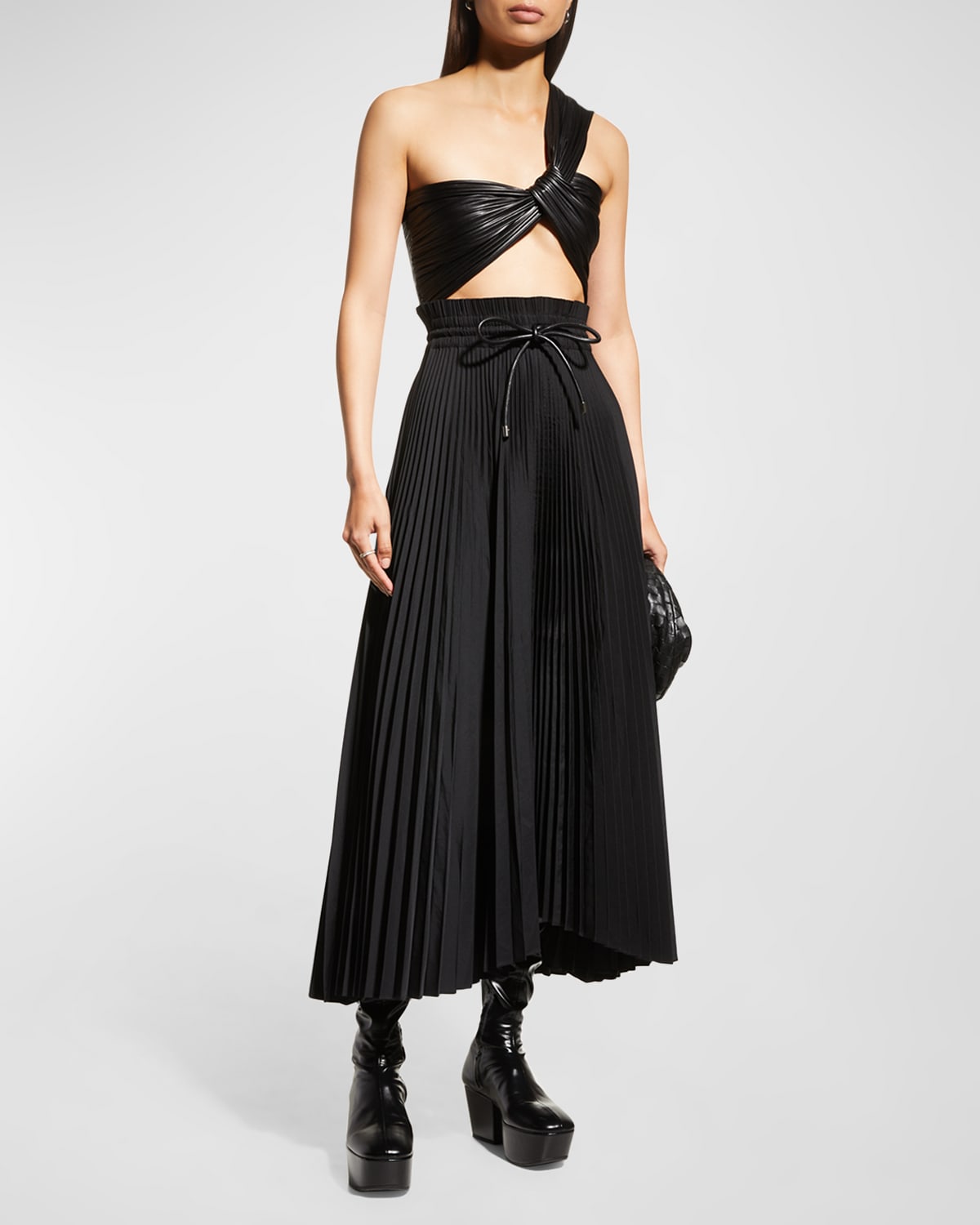 A.L.C. Addie Faux Leather One-Shoulder Pleated Midi Dress
