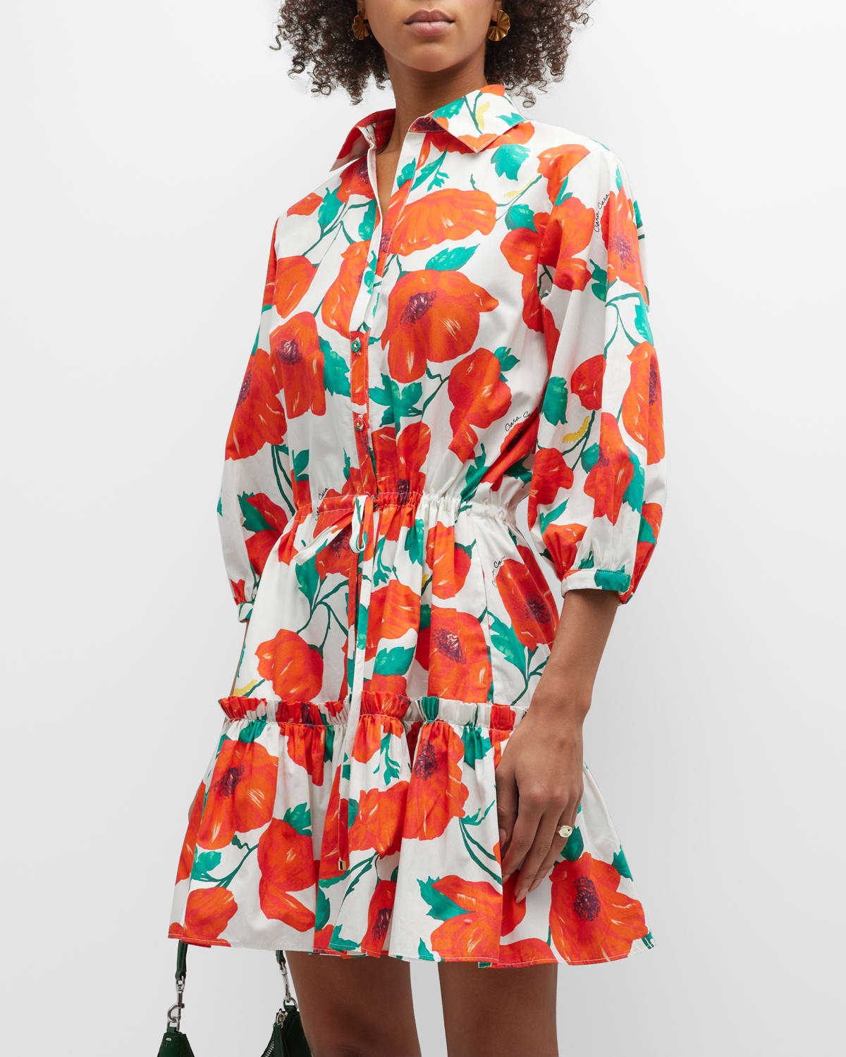 Cara Cara Robin Puff-sleeve Floral Poplin Mini Dress In Poppies Tomato