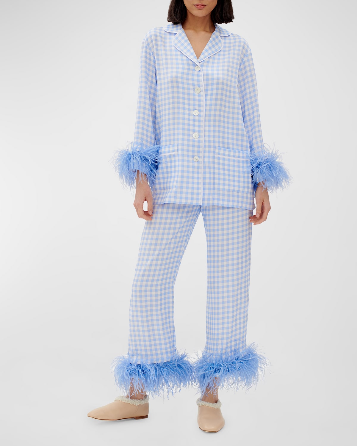 Sleeper Party Pajama With Detachable Feathers In Blue Vichy In Blue