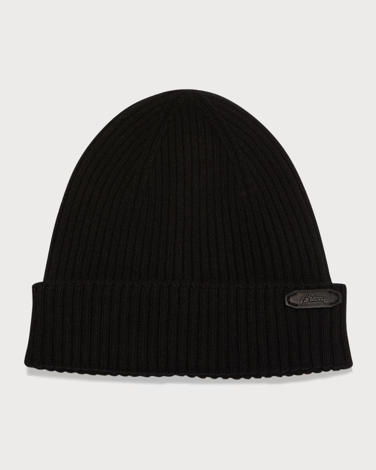 Men's Rib Cashmere Leather Logo Beanie Hat