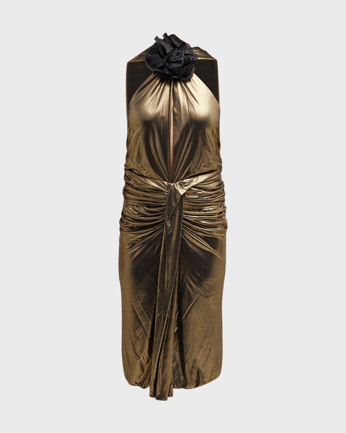 Saint Laurent Flower-applique Cutout Ruched Metallic Dress In Oro / Nero