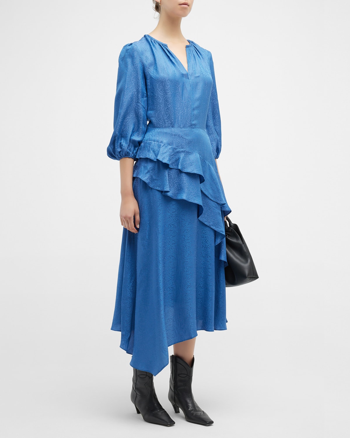 Shoshanna Tara Ruffle Satin Jacquard Midi Dress In Denim Blue
