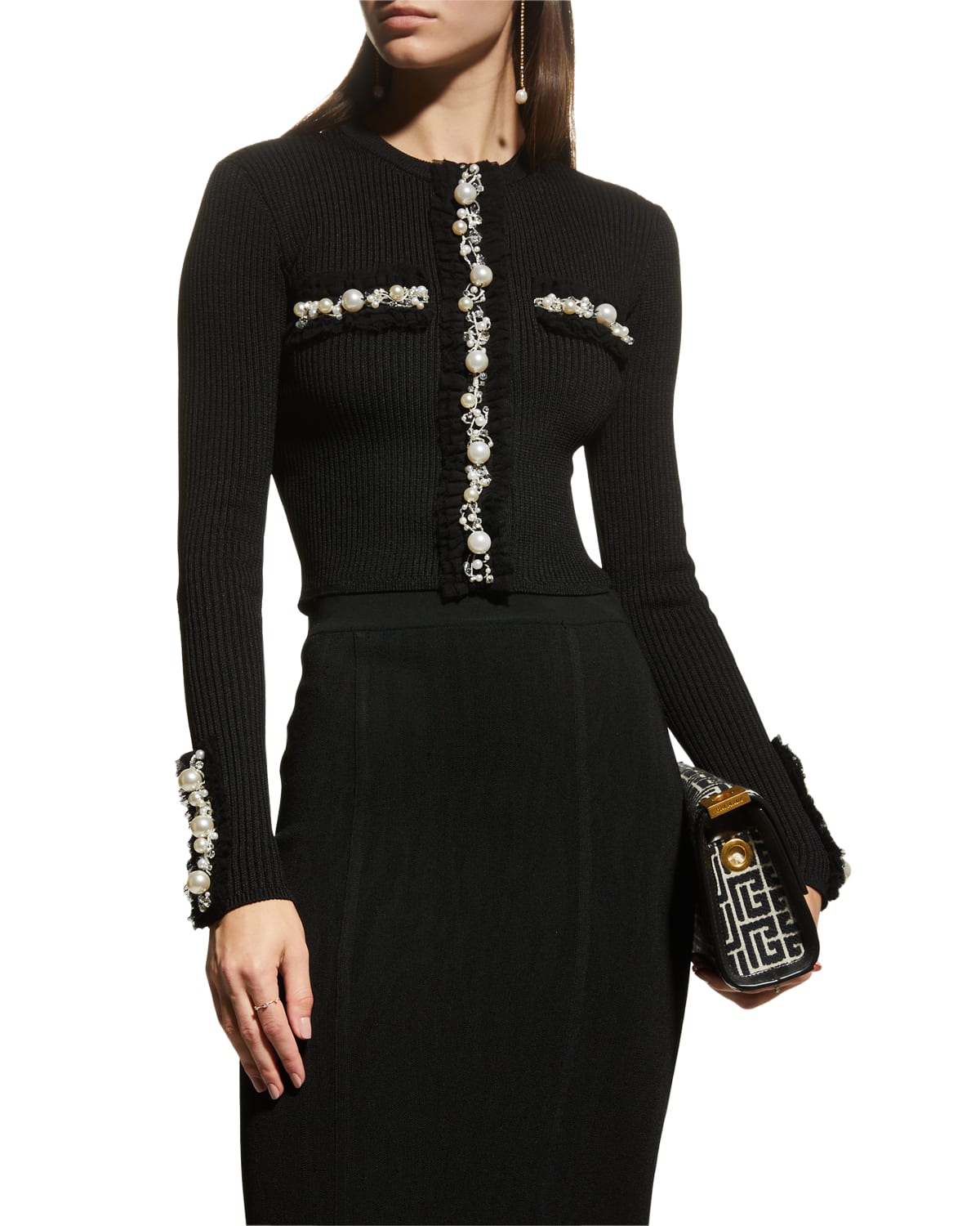 Balmain Pearlescent Beaded Ruffle Rib Crop Cardigan In Pearl Embroidered