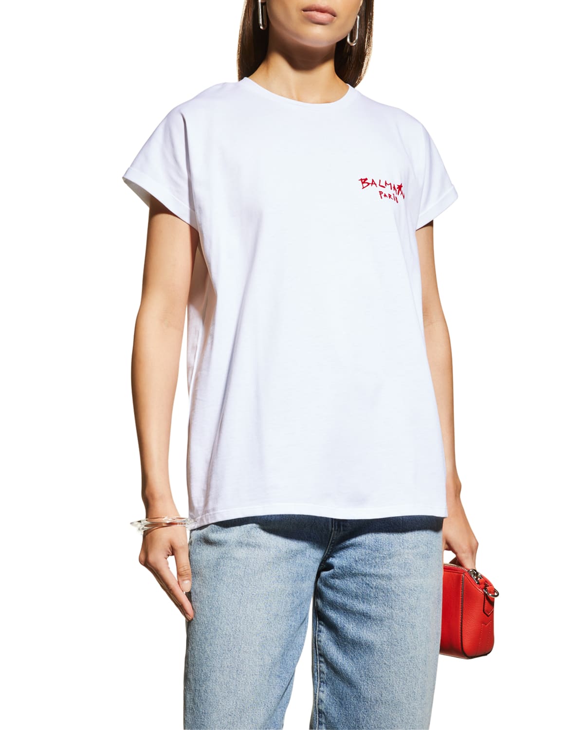 Balmain Flocked Logo Print Cotton Jersey T-shirt In White / Red