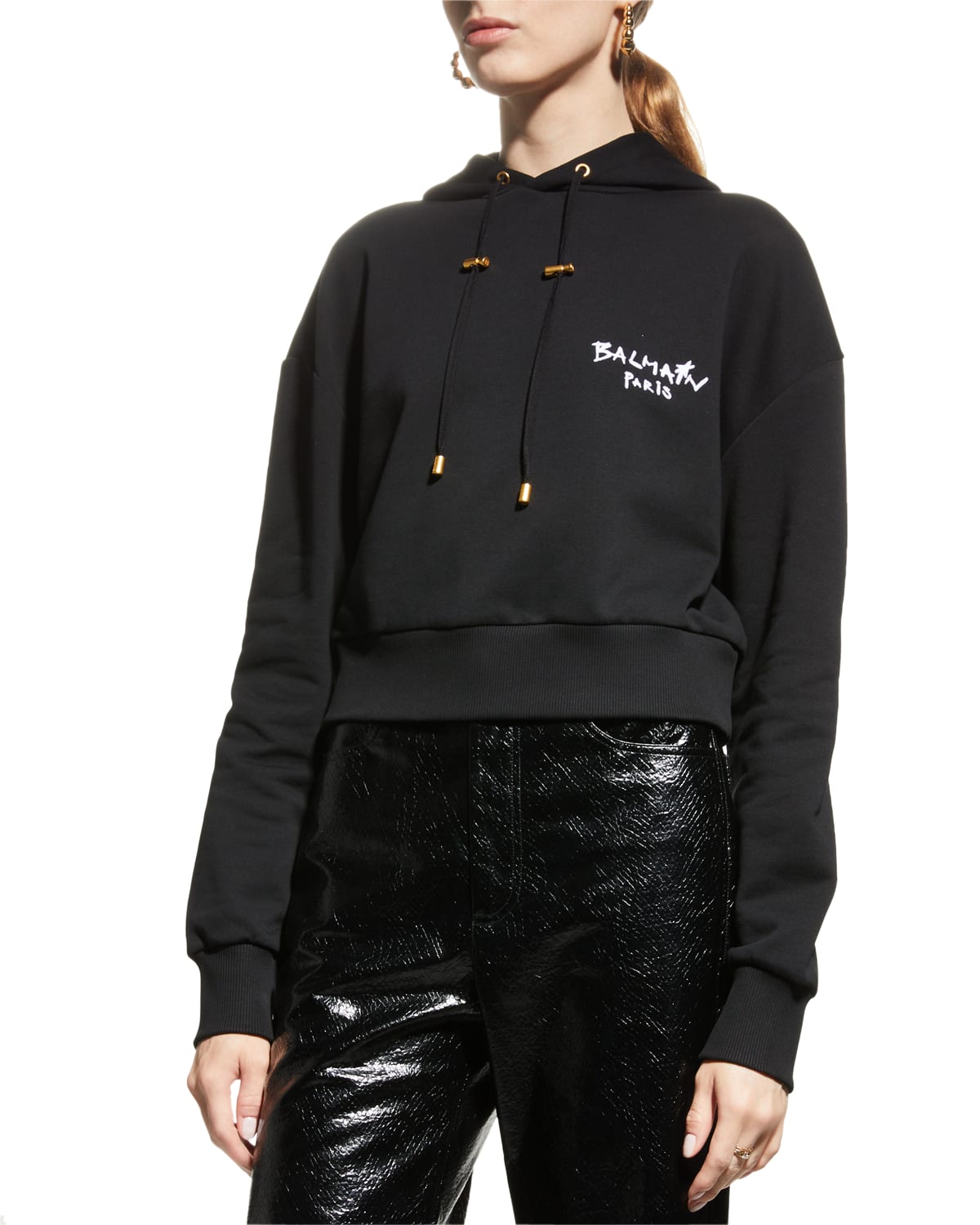 Balmain Flocked Logo Cotton Crop Hoodie In Black / White