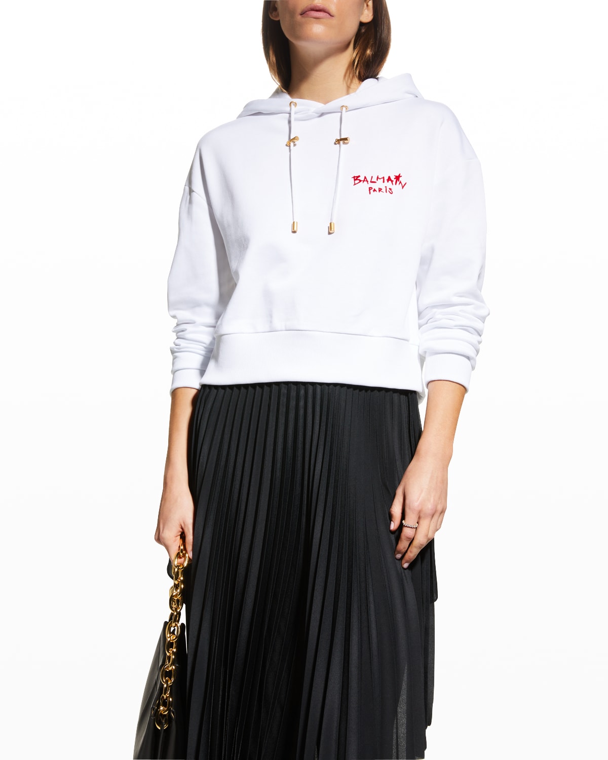 Balmain Logo Embroidered Crop Hoodie In White / Red