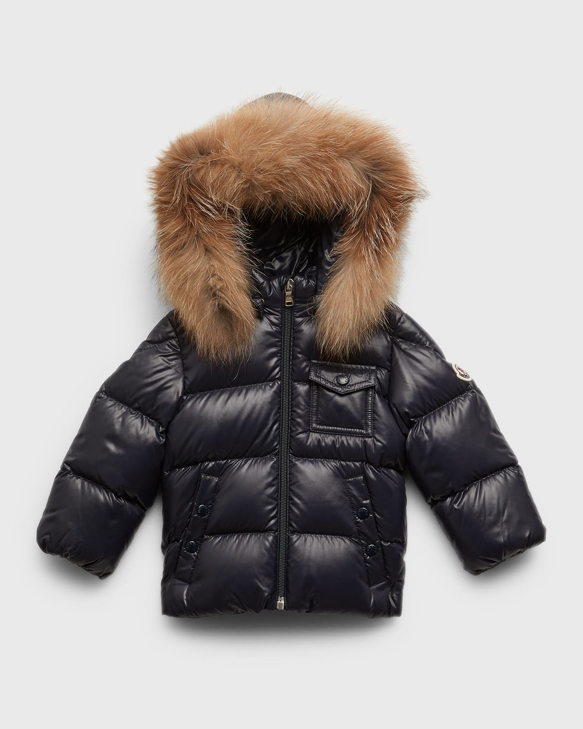 Moncler Kids' Boy's Fur Hooded Quilted Jacket In Navy