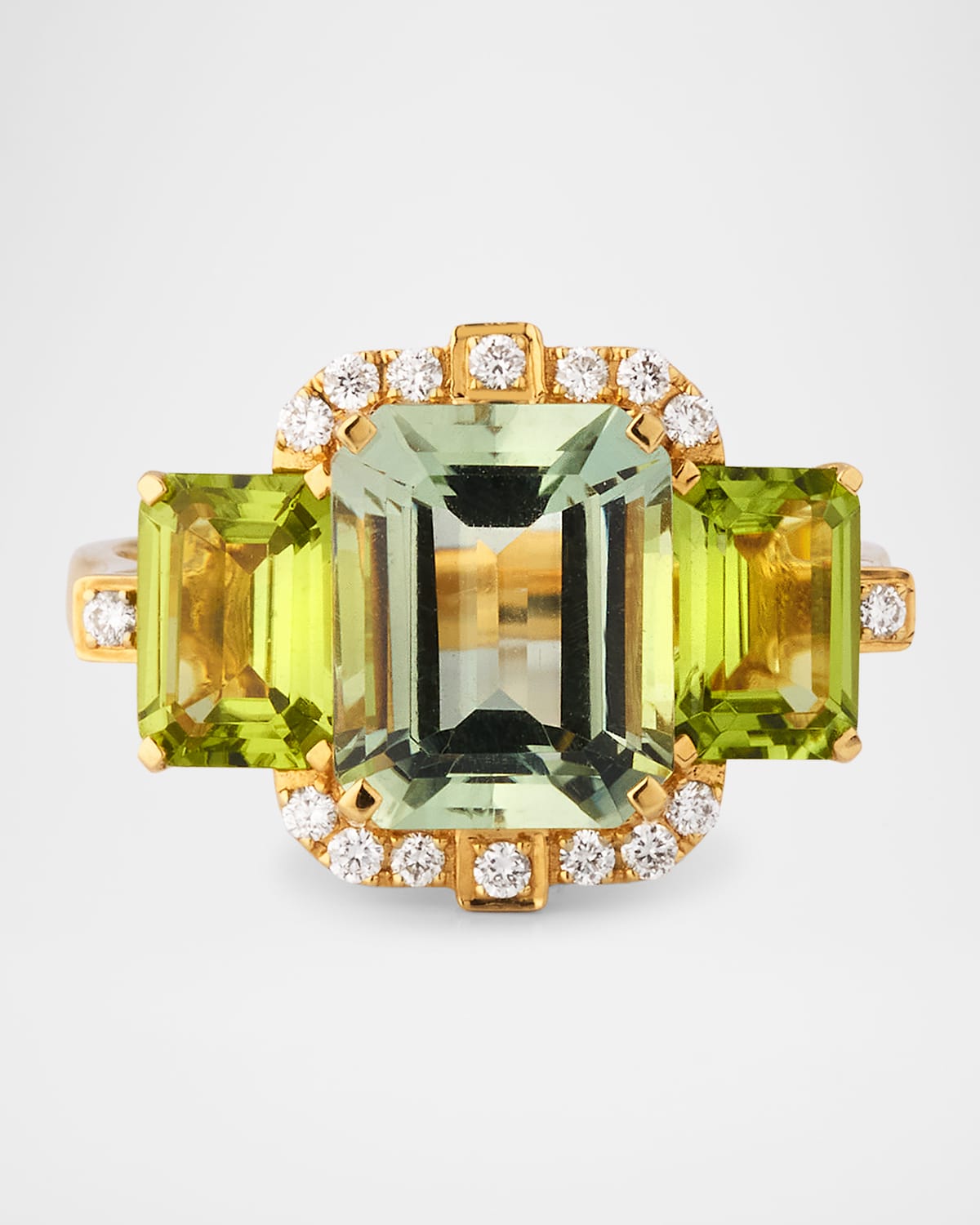 18K Yellow Gold Emerald-Cut Prasiolite and Peridot Statement Ring with Diamonds, Size 6.5