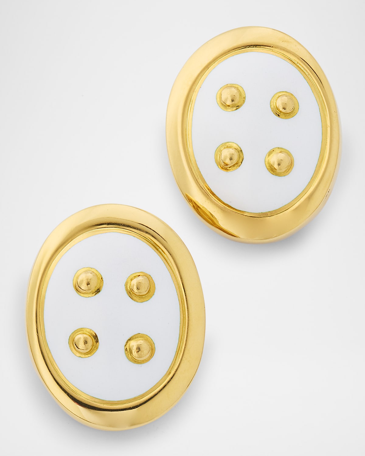 Estate A Clunn 18K Yellow Gold White Enamel Off-Set Framed Clip-On Earrings