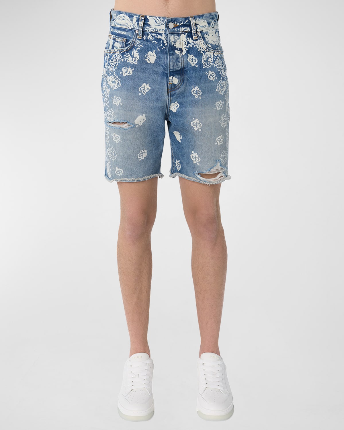 Shop Amiri Men's Bleach Bandana Denim Shorts In Clay Indigo