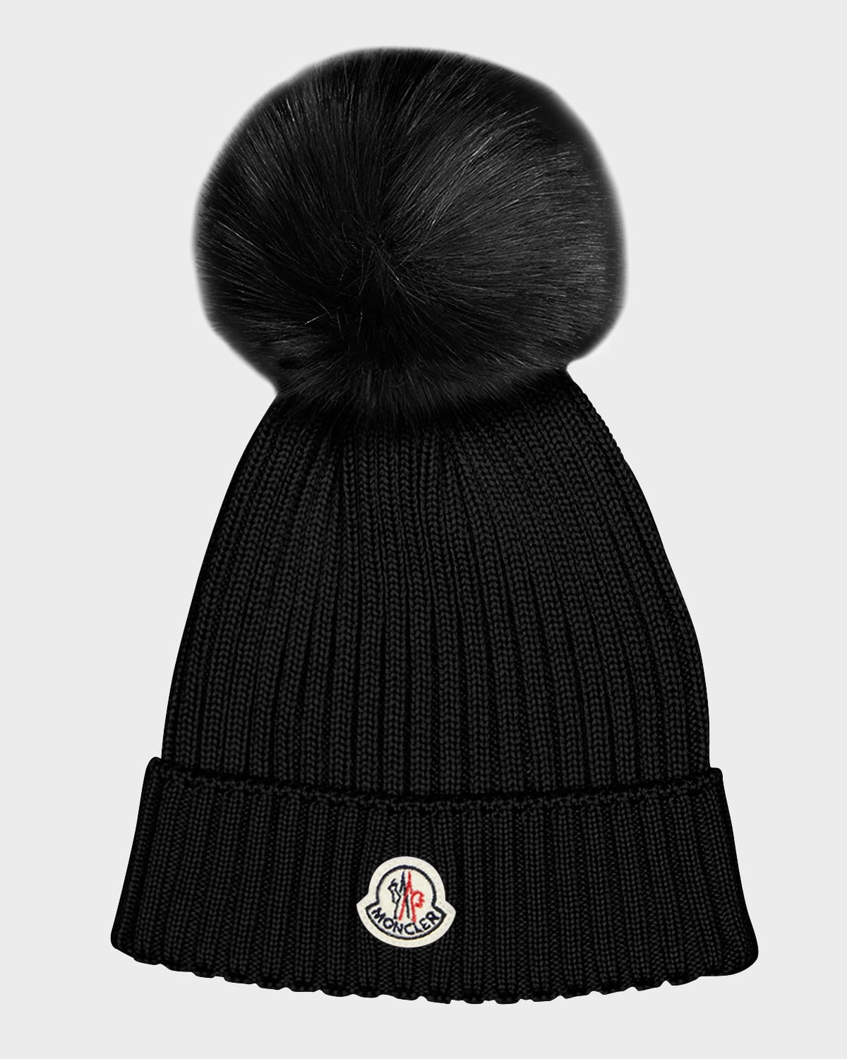 MONCLER GIRL'S RIBBED WOOL BEANIE W/ FAUX FUR POMPOM