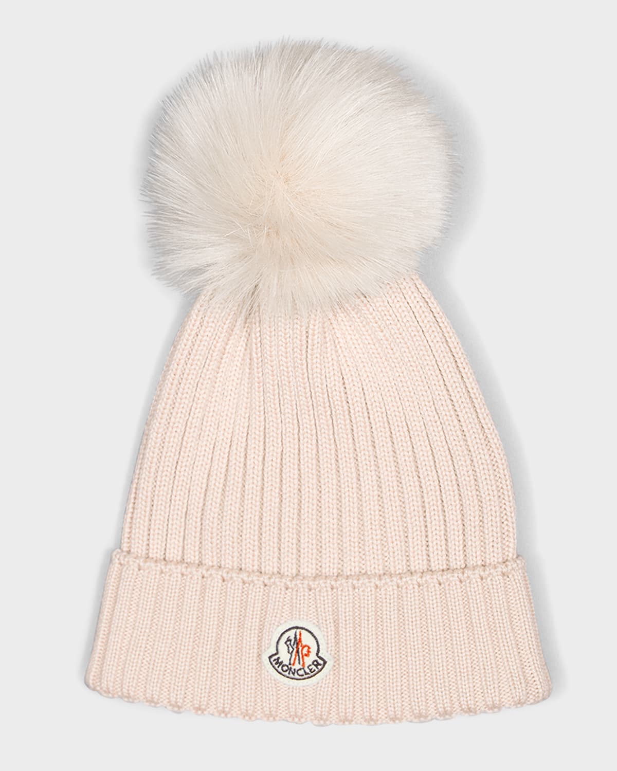 Moncler Kids' Girl's Ribbed Wool Beanie W/ Faux Fur Pompom In Pink