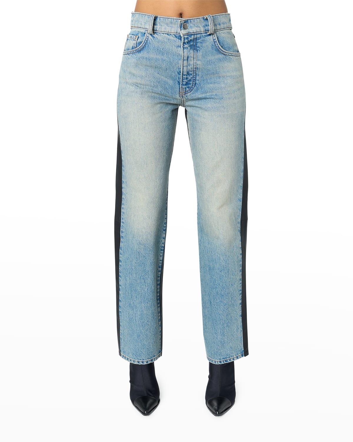 Mixed-Media Straight-Leg Ankle Jeans