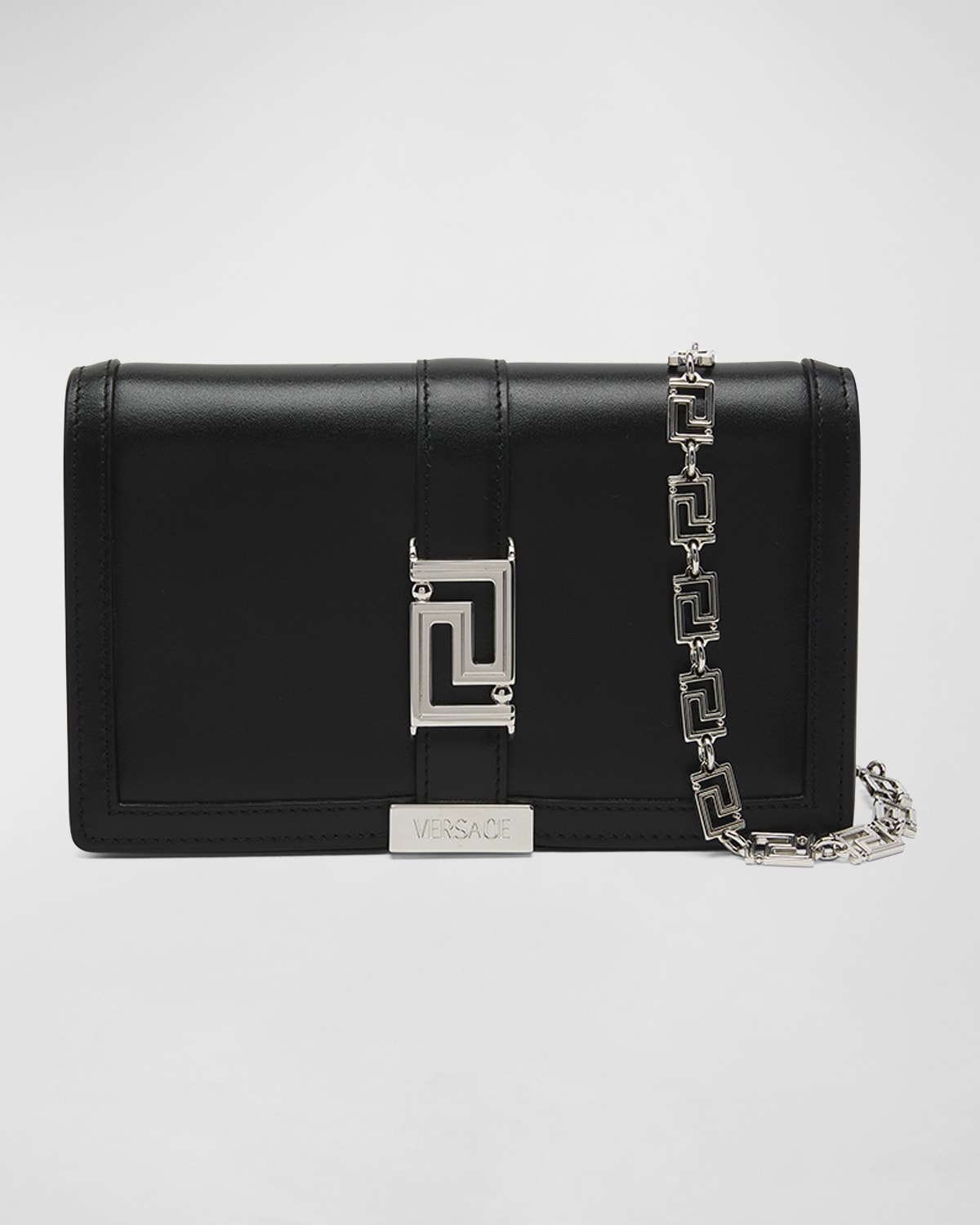 Versace Greca Goddess Leather Wallet On Chain In Black Palladium