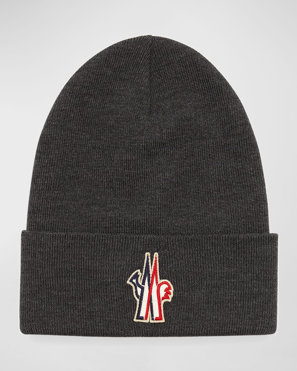 Moncler Logo Patch Ribbed Virgin Wool Beanie In Grey