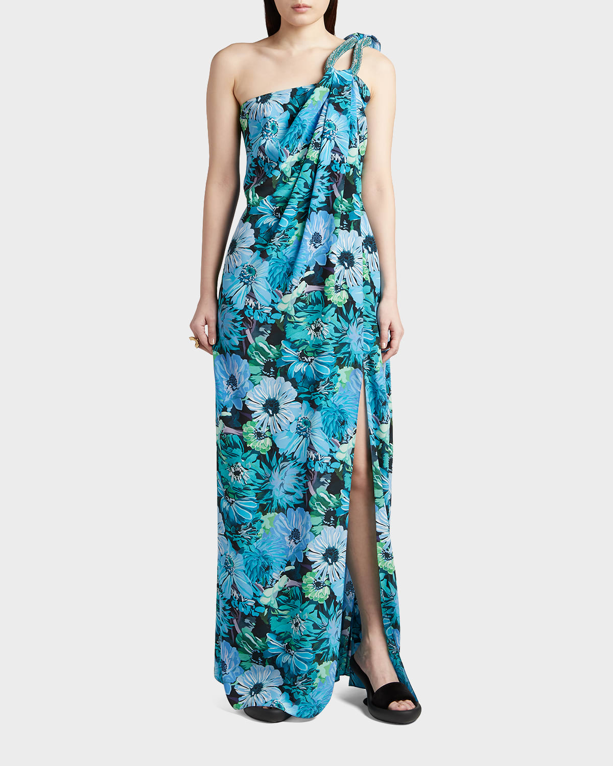 STELLA MCCARTNEY FLOWER-PRINT ONE-SHOULDER CREPE DE CHINE MAXI DRESS
