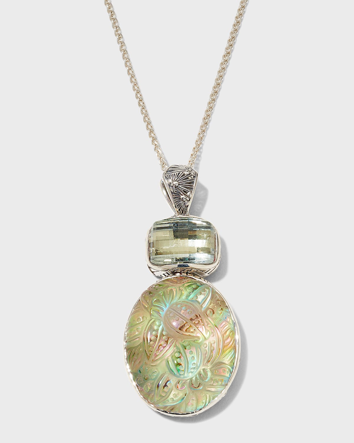 Stephen Dweck Hand-carved Natural Quartz And Faceted Green Amethyst Pendant Necklace In Sterling Silver