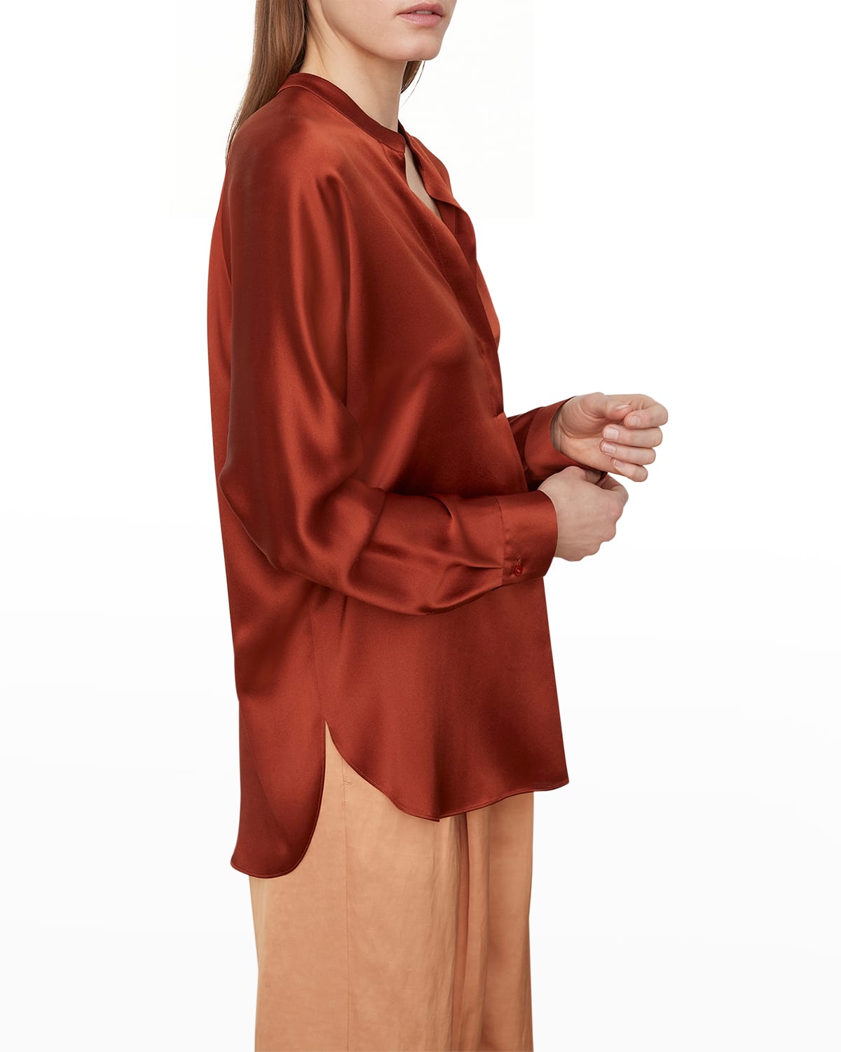 Vince Banded-collar Silk Blouse In Rust Amber