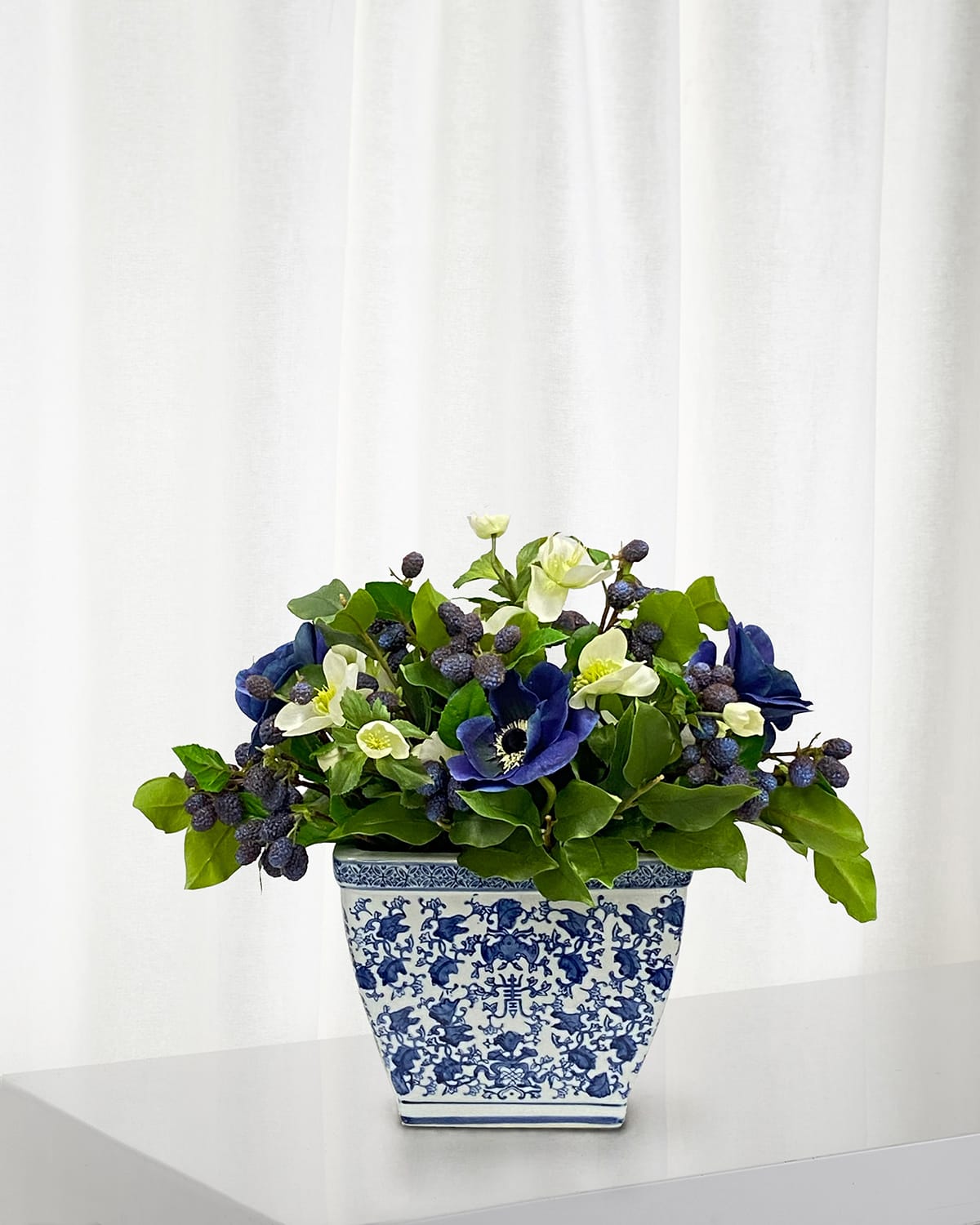 Winward Home Faux Anemones And Mulberries In Pot In Blue/white