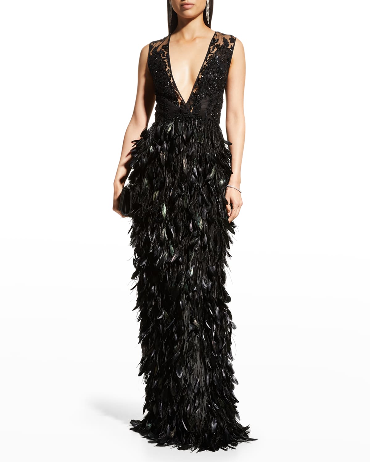 Plunging Feather Column Gown
