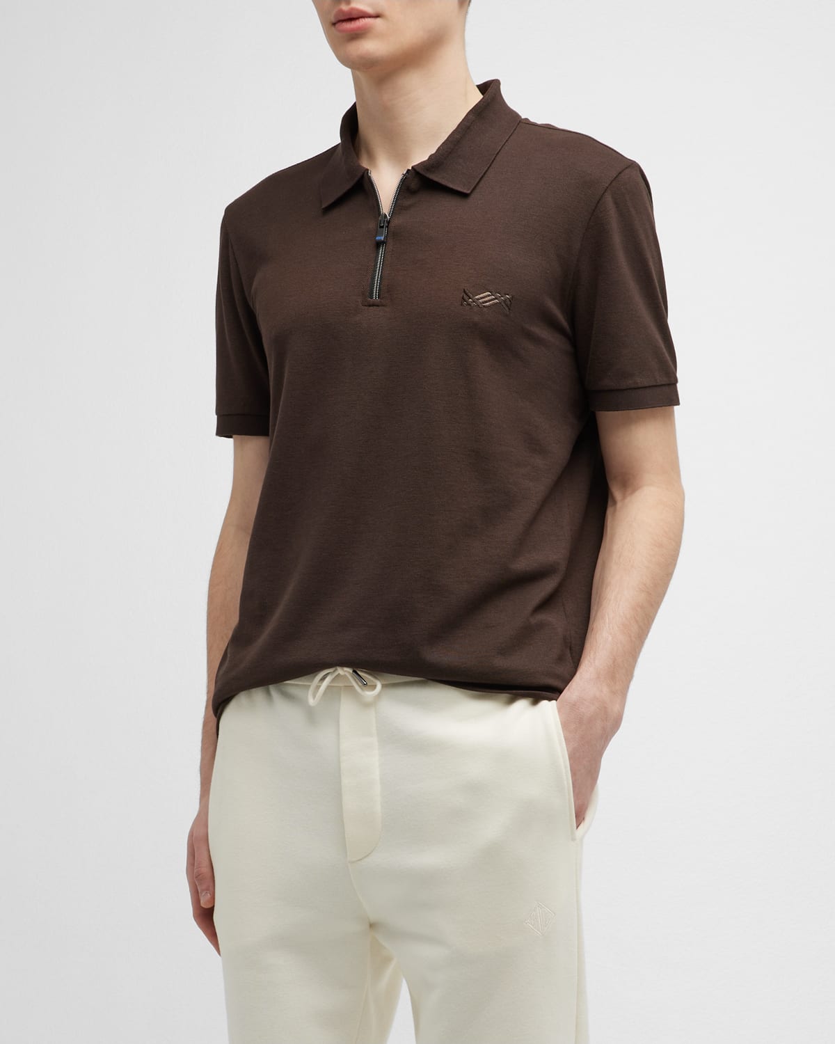 Knt Men's Cotton-silk Quarter-zip Polo Shirt In Light Brown