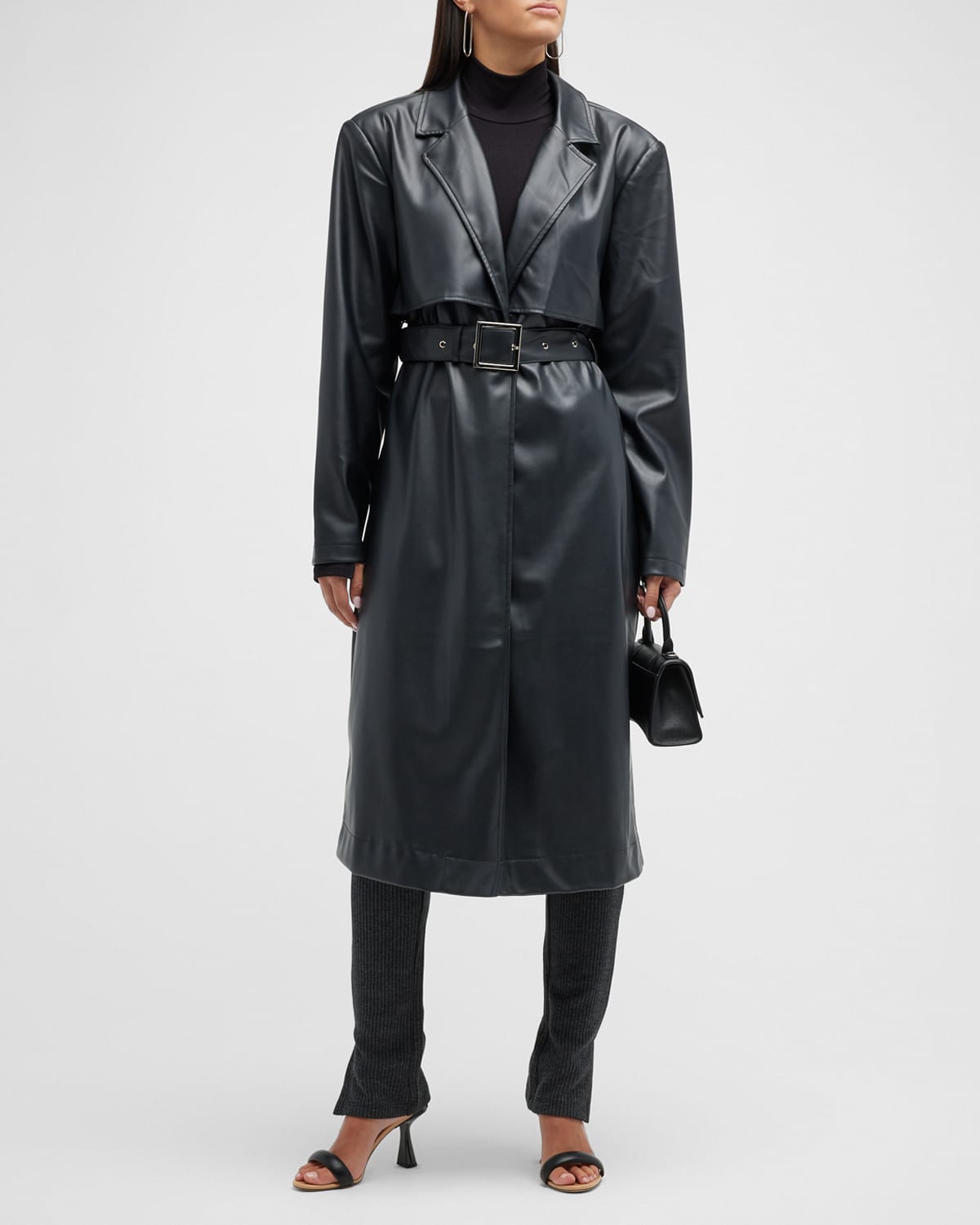 Weworewhat Vegan Leather Belted Trench Coat In Black