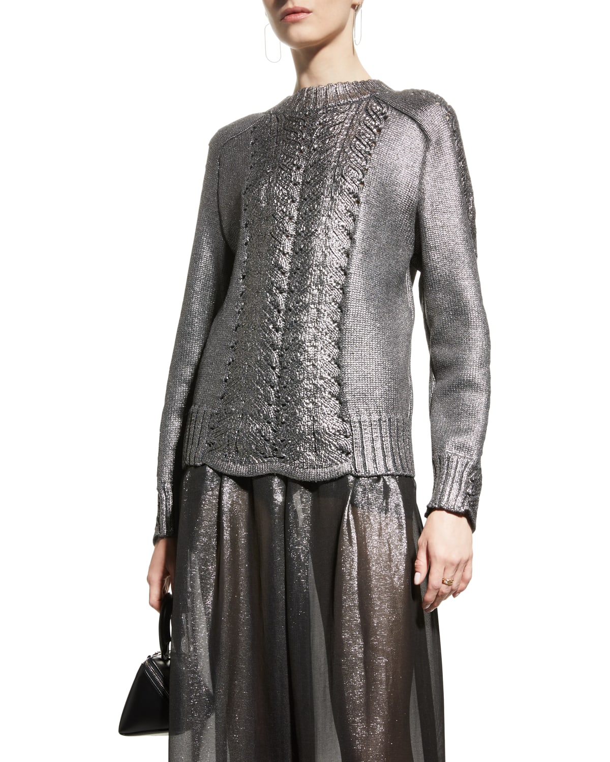 Alberta Ferretti Metallic Cable-Knit Wool Pullover