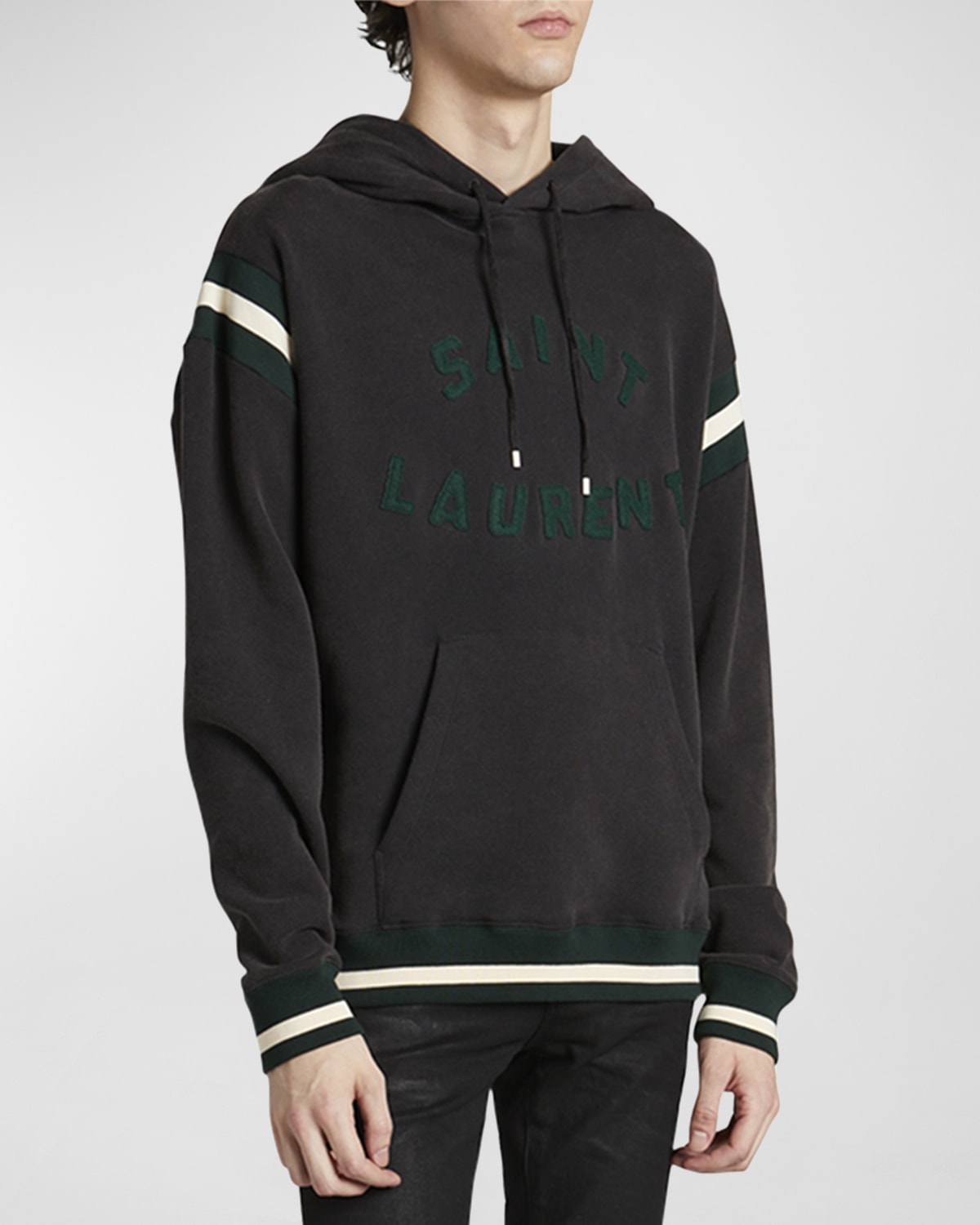 Saint Laurent Men's Varsity Pullover Hoodie In Nero/nature