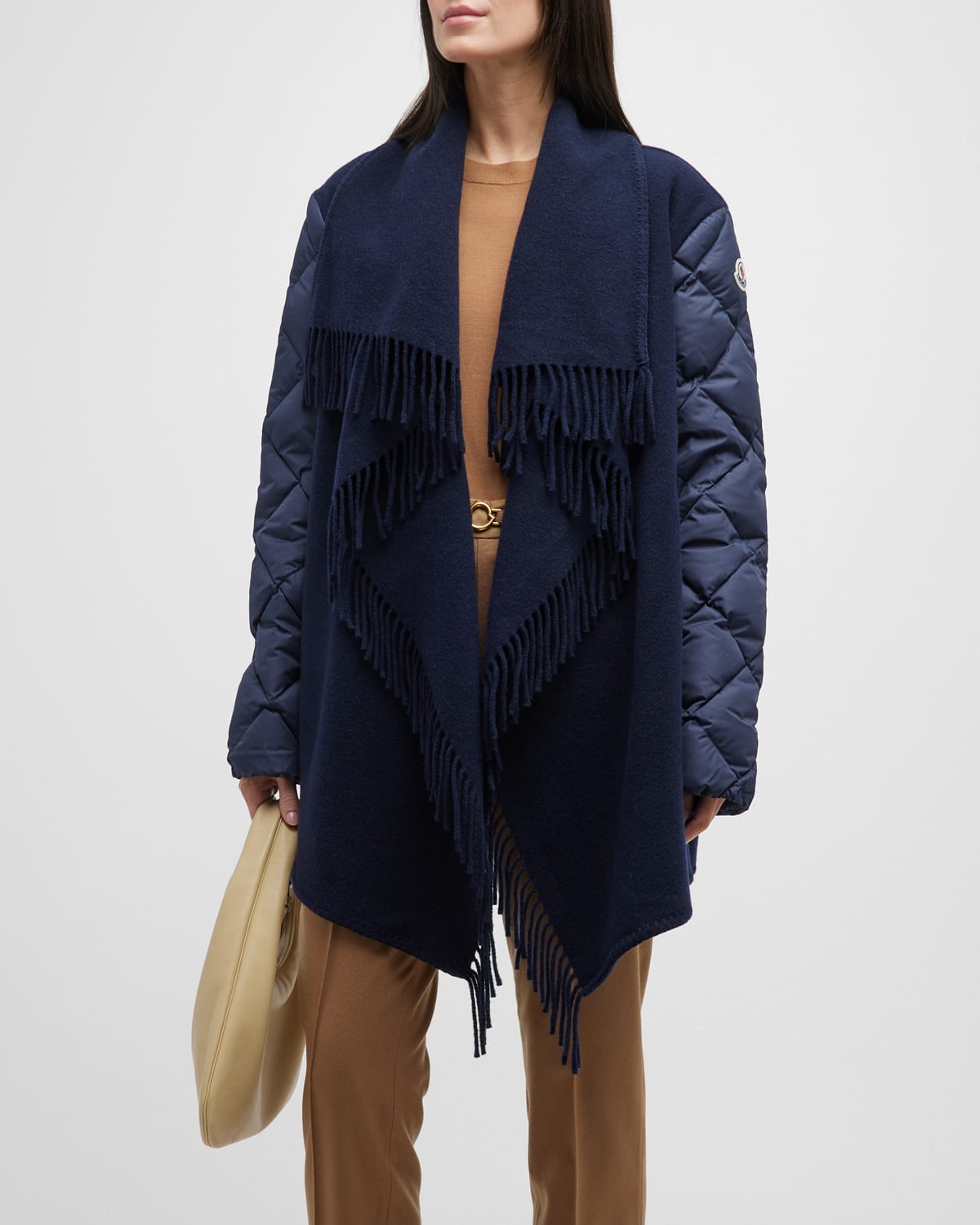 Moncler Cape Front Mixed Media Jacket In Navy