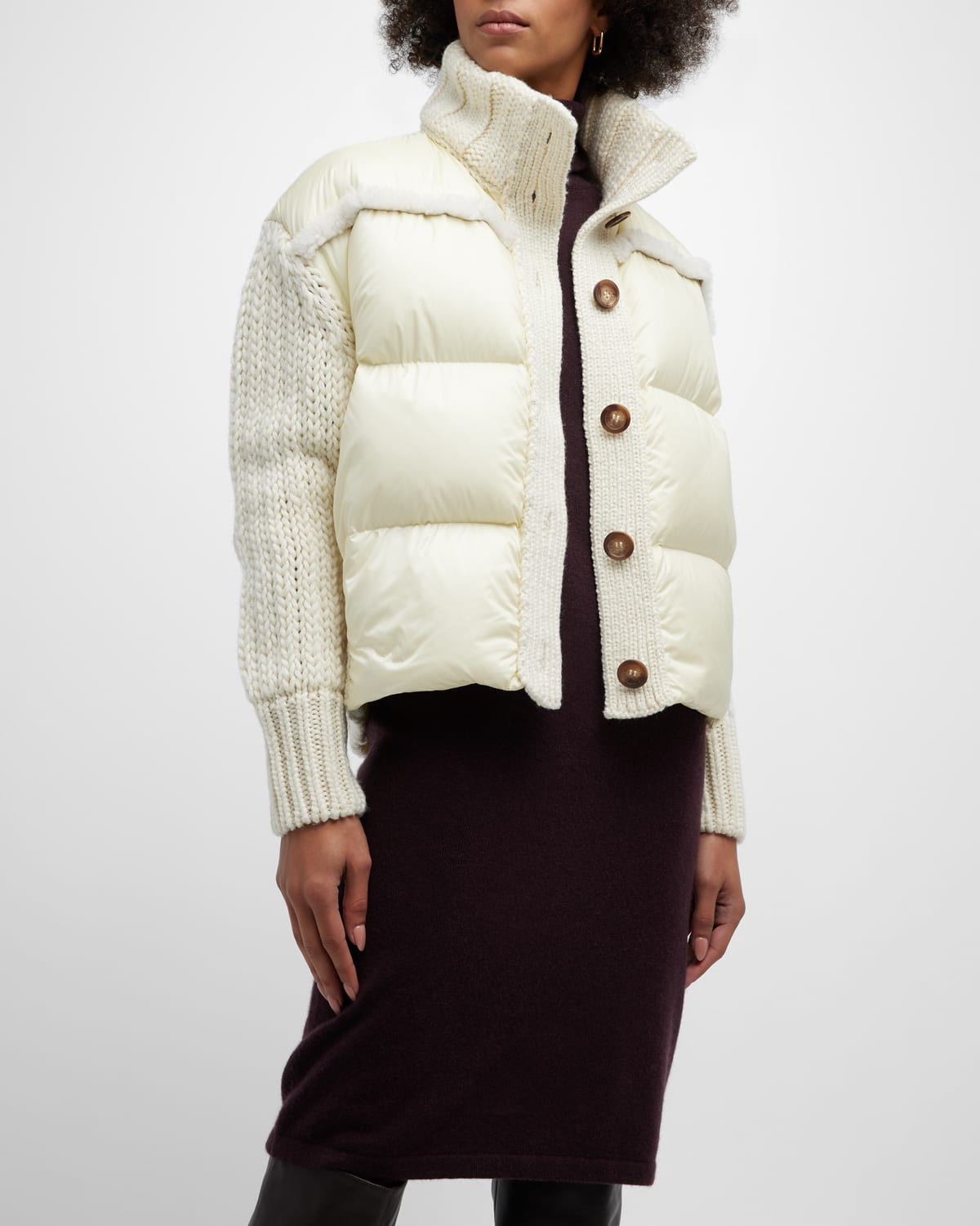 MONCLER MIXED MEDIA BUTTON-FRONT CARDIGAN