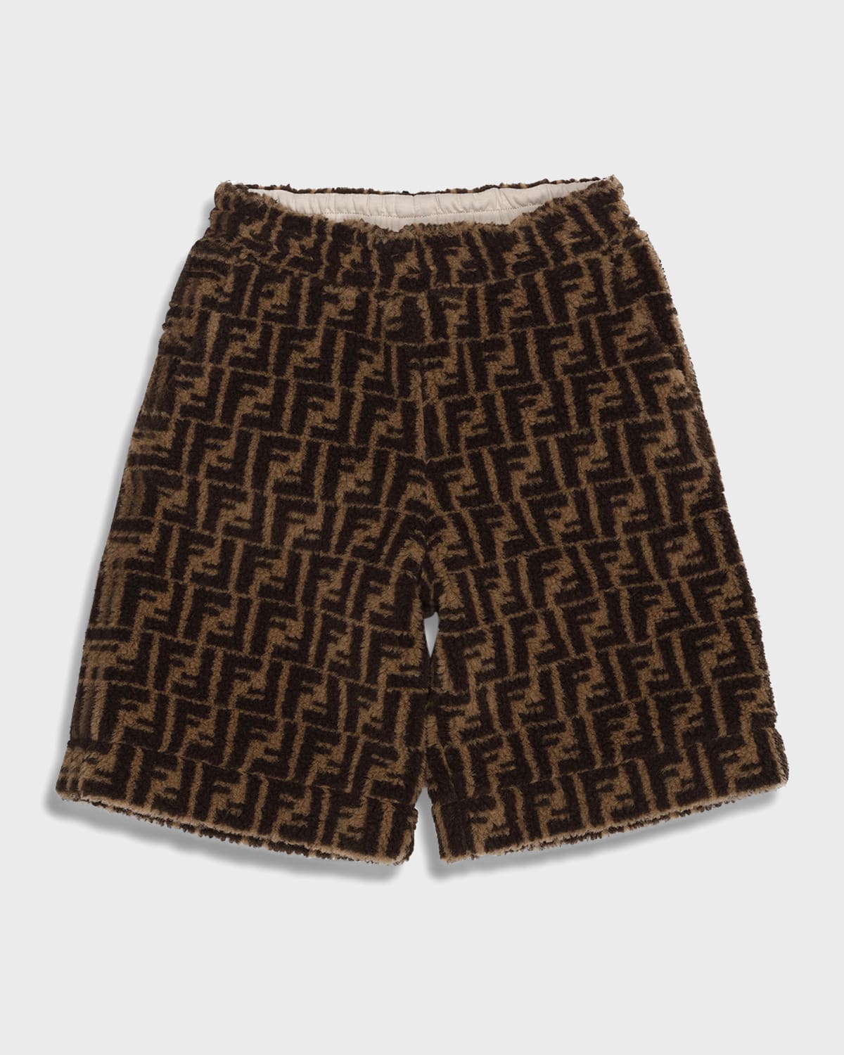 Fendi Kids' Boy's Fuzzy Monogram-print Shorts In Black/brown