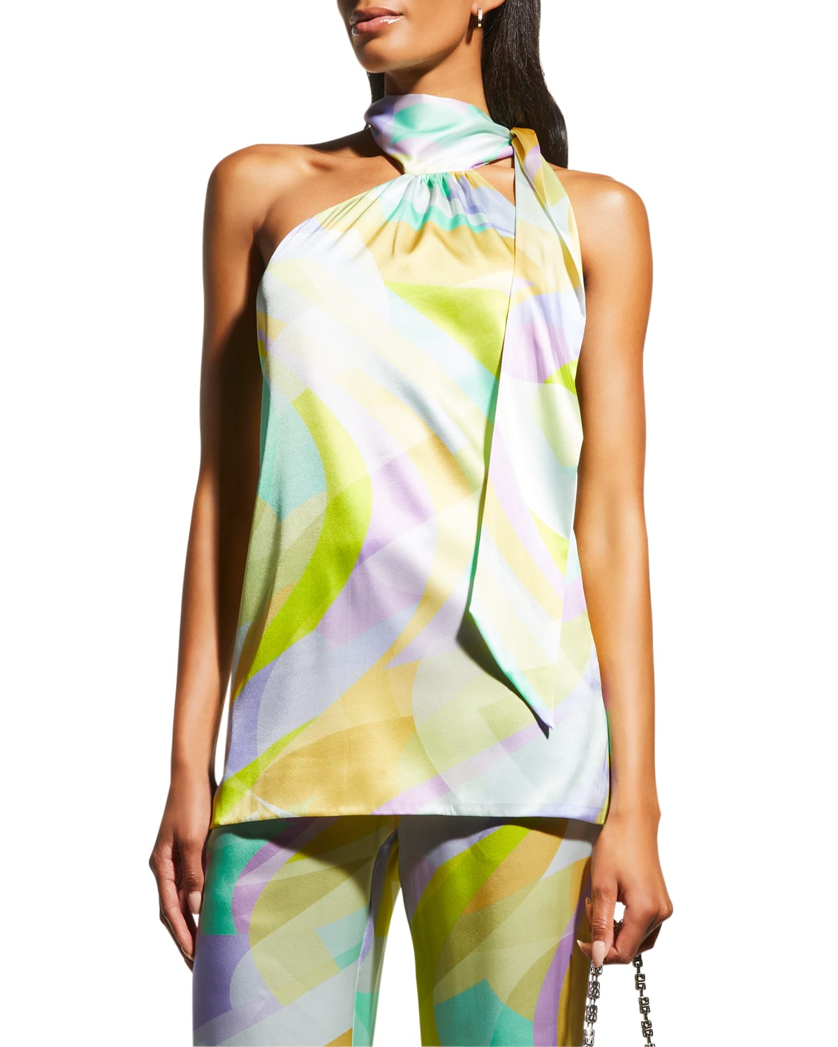 Adriana Iglesias Adela Abstract-print Silk Halter Top In Lime Green