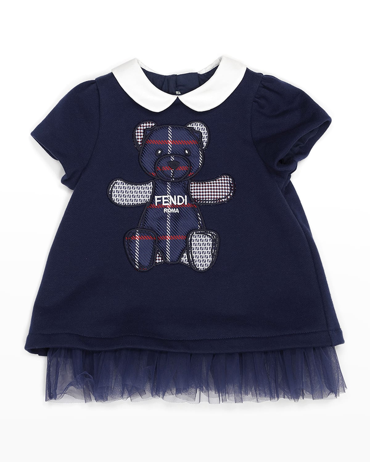 Fendi Kids' Girl's Embroidered Bear Ruffle Dress In Navy