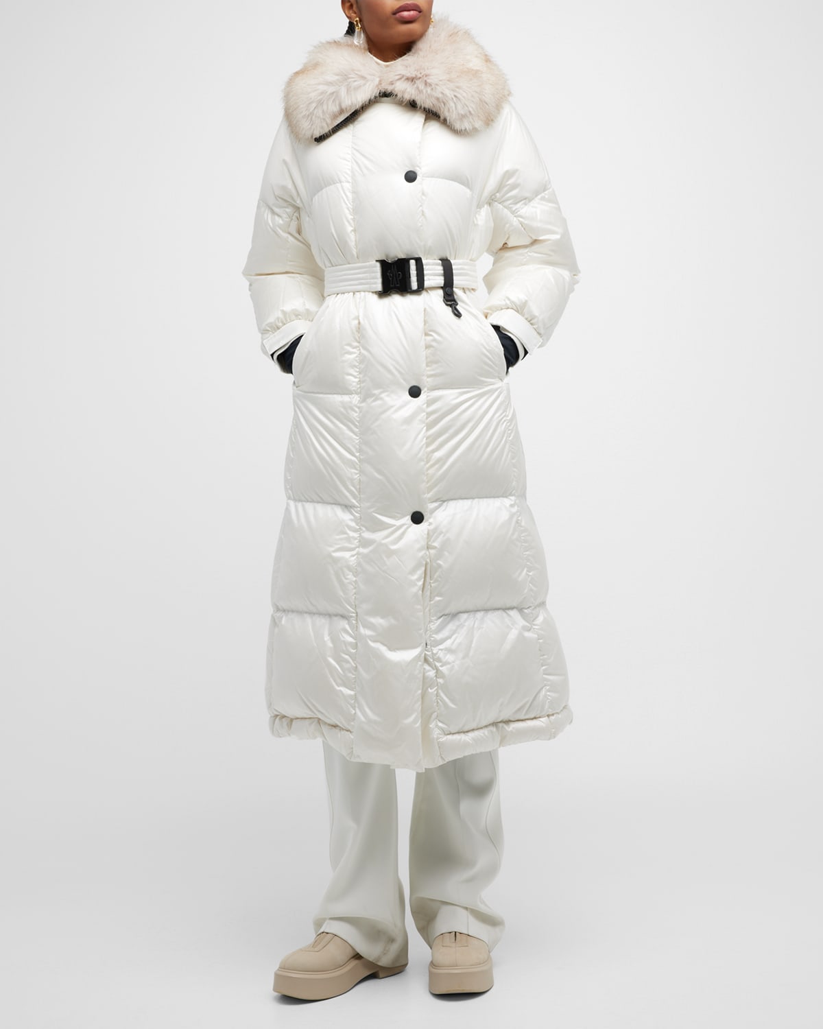 Chamoille Long Puffer Coat with Faux Fur Trim
