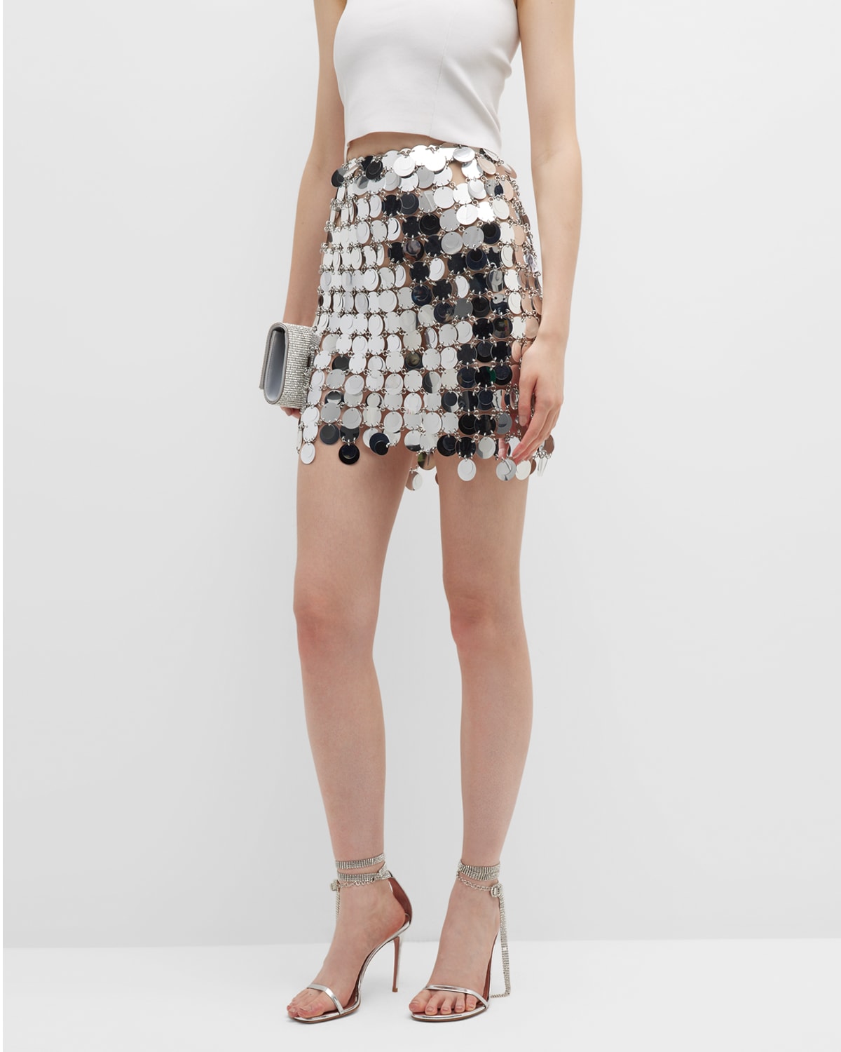 Shop Rabanne Mirrored Sequin Chainmail Mini Skirt In Silver