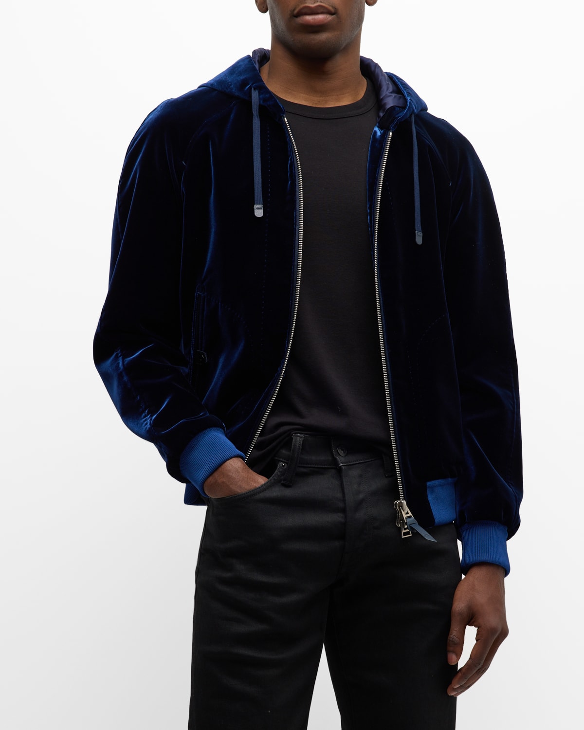 TOM FORD MEN'S VELVET FULL-ZIP HOODED SWEATER 