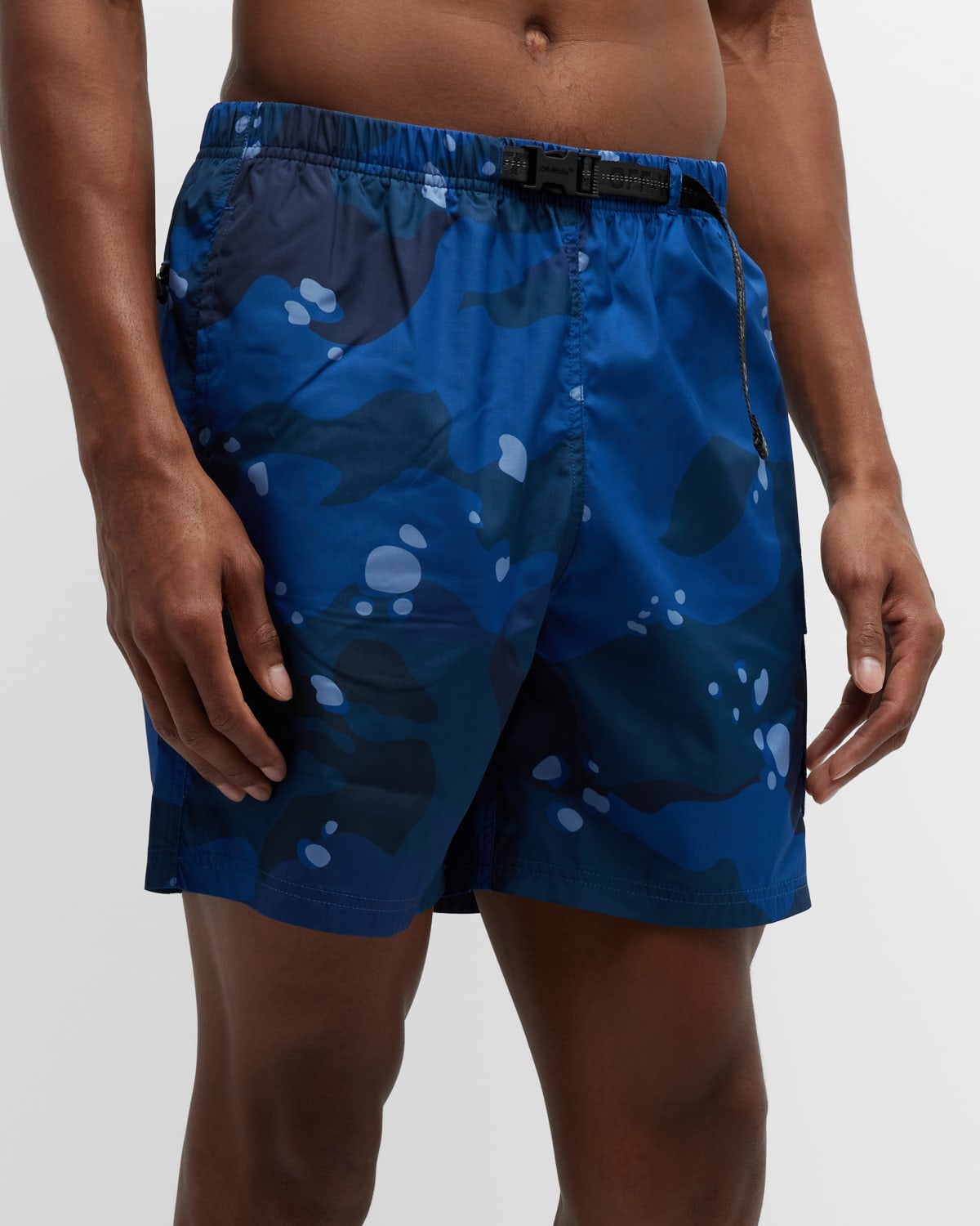 Off-white Men's Camo Cargo Swim Shorts W/ Industrial Belt In Blue White