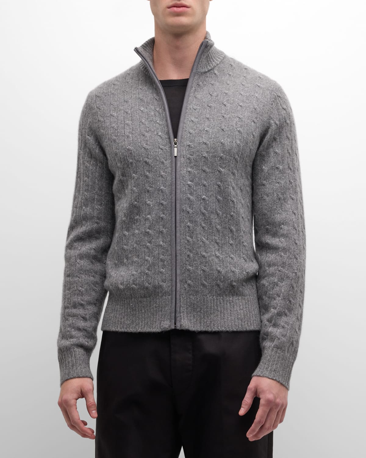 Neiman Marcus Men's Cable-knit Cashmere Full-zip Sweater In Medium Grey