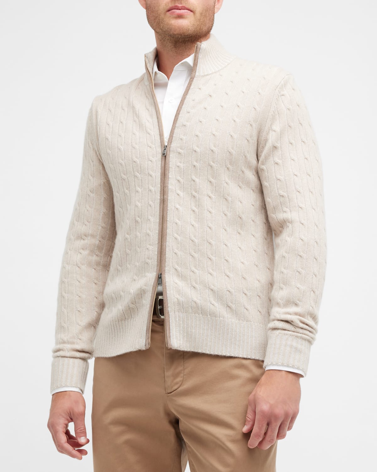 Neiman Marcus Men's Cable-knit Cashmere Full-zip Sweater In Cream