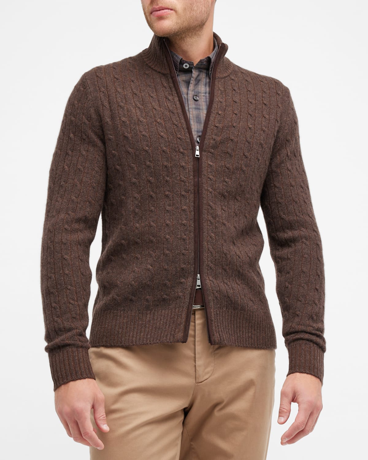 Neiman Marcus Men's Cable-knit Cashmere Full-zip Sweater In Camel