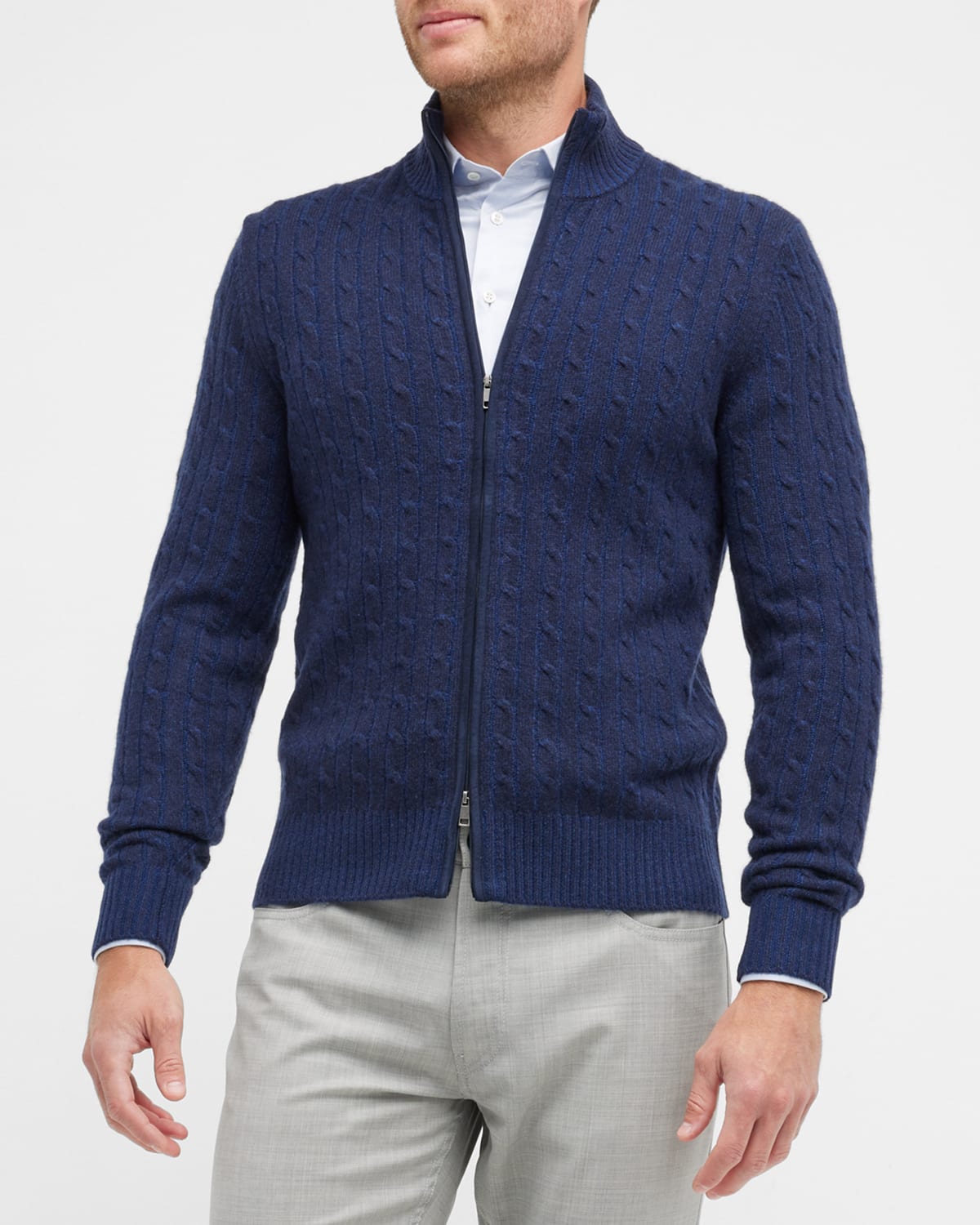 Neiman Marcus Men's Cable-knit Cashmere Full-zip Sweater In Navy